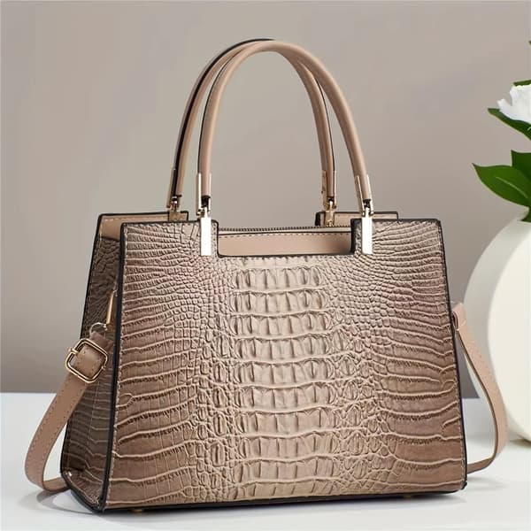 Tote håndtaske, kunstlæder, krokodillemønster, alsidigt design,Khaki