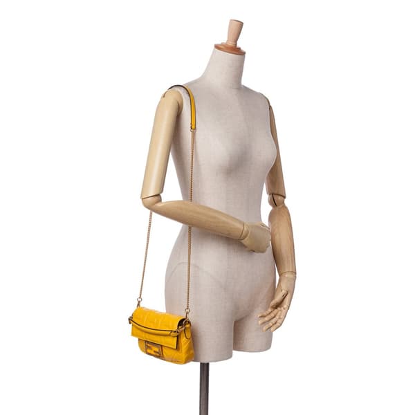 Pre-owned Fendi Mini Zucca Embossed Leather Baguette Satchel Yellow