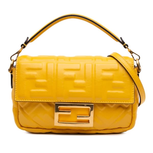 Pre-owned Fendi Mini Zucca Embossed Leather Baguette Satchel Yellow