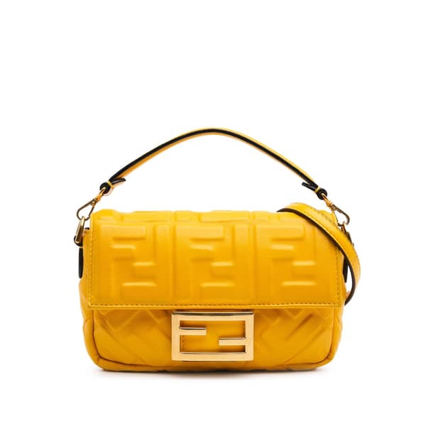 Pre-owned Fendi Mini Zucca Embossed Leather Baguette Satchel Yellow