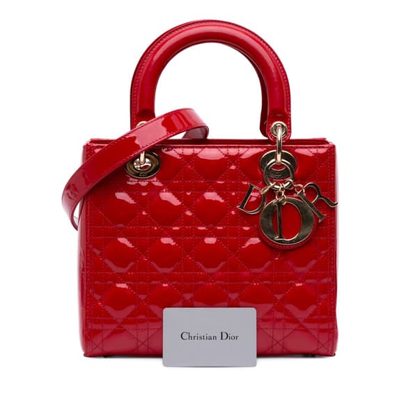 Pre-owned Dior Medium Patent Cannage Lady Dior Red