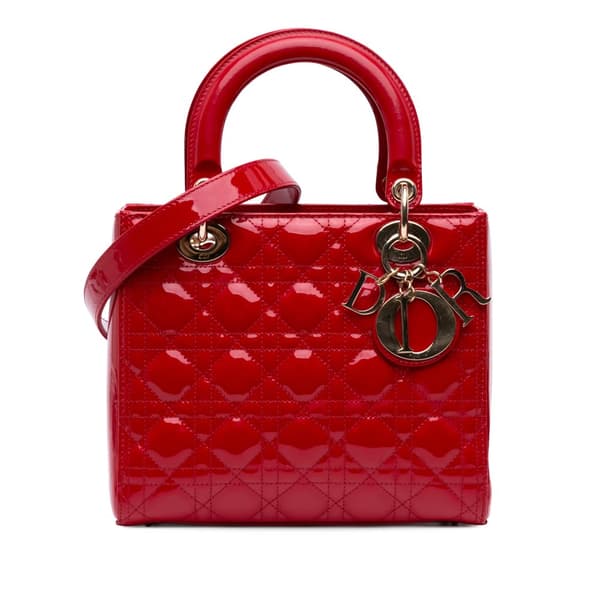 Pre-owned Dior Medium Patent Cannage Lady Dior Red