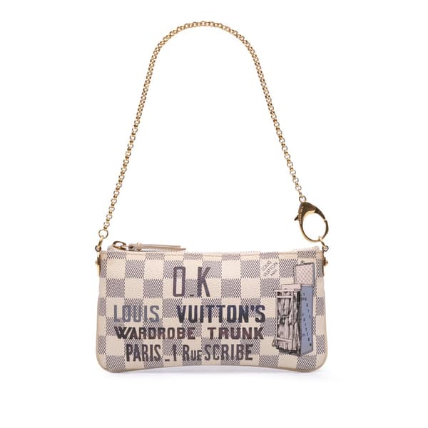 Pre-owned Louis Vuitton Damier Azur Trunks Labels Pochette Milla MM White
