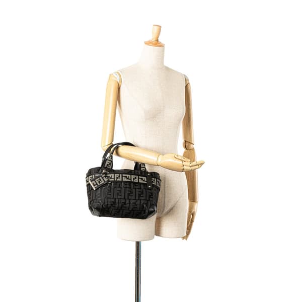 Pre-owned Fendi Zucca Nylon Zip Code Handbag Black