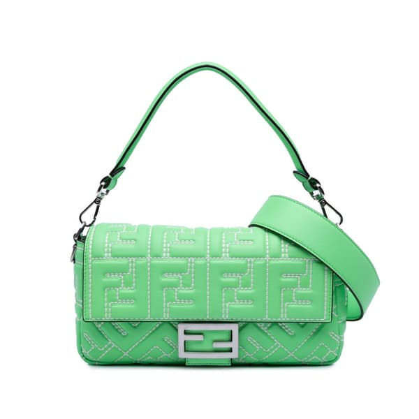Pre-owned Fendi Zucca Embossed Stitched Leather Baguette Satchel Green