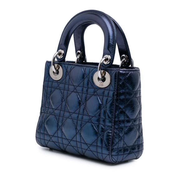 Pre-owned Dior Mini Metallic Calfskin Cannage Lady Dior Blue