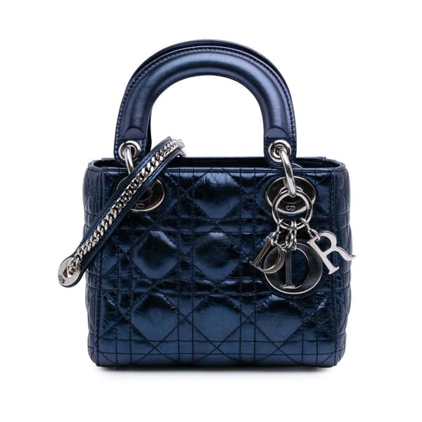 Pre-owned Dior Mini Metallic Calfskin Cannage Lady Dior Blue