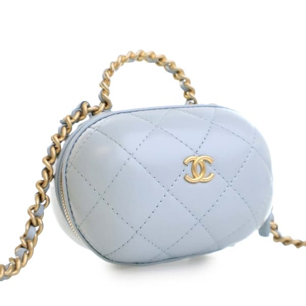Pre-owned Chanel Quilted Lambskin CC Bubble Vanity Case With Chain Blue