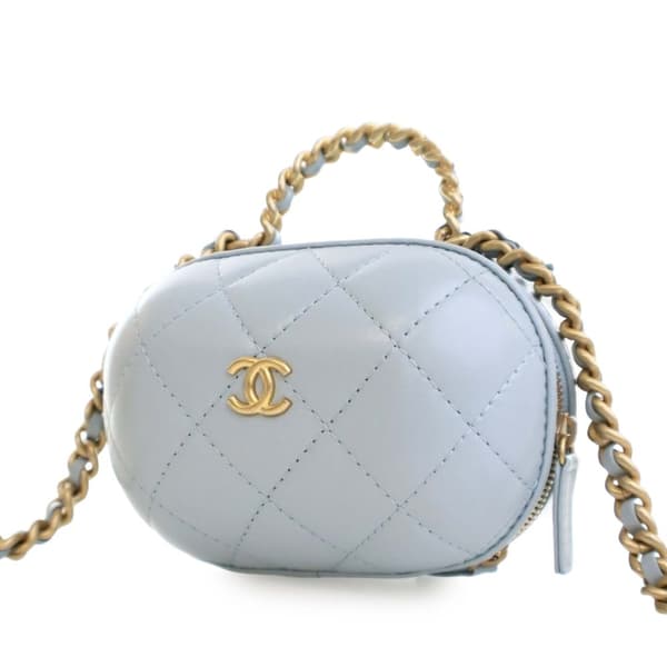 Pre-owned Chanel Quilted Lambskin CC Bubble Vanity Case With Chain Blue