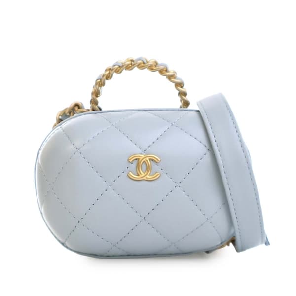 Pre-owned Chanel Quilted Lambskin CC Bubble Vanity Case With Chain Blue