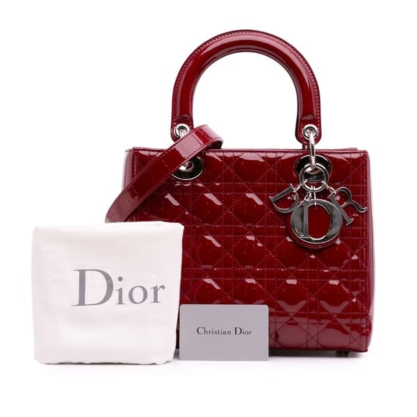 Pre-owned Dior Medium Patent Cannage Lady Dior Red