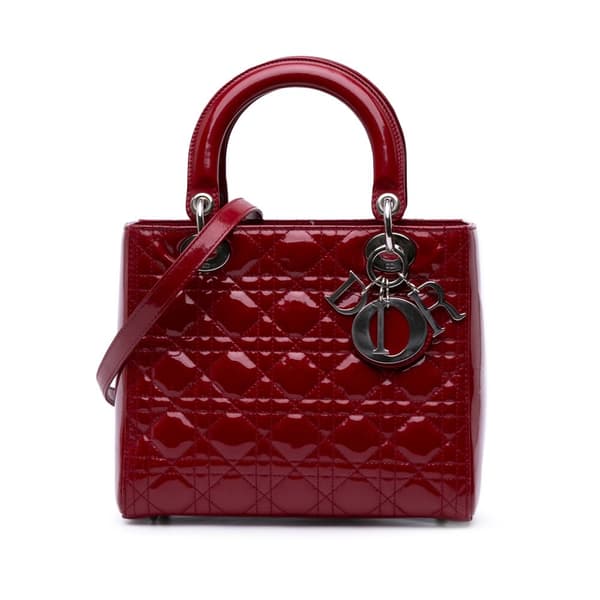 Pre-owned Dior Medium Patent Cannage Lady Dior Red