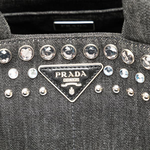 Pre-owned Prada Small Denim Canapa Bijoux Satchel Black