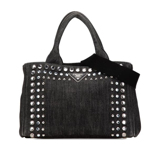 Pre-owned Prada Small Denim Canapa Bijoux Satchel Black