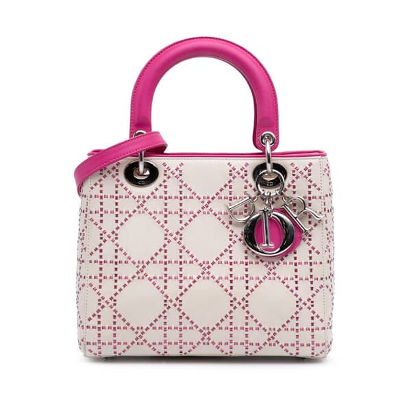 Pre-owned Dior Medium Lambskin Cannage Stitched Lady Dior White