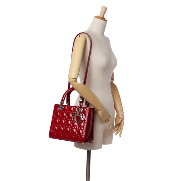 Pre-owned Dior Medium Patent Cannage Lady Dior Red