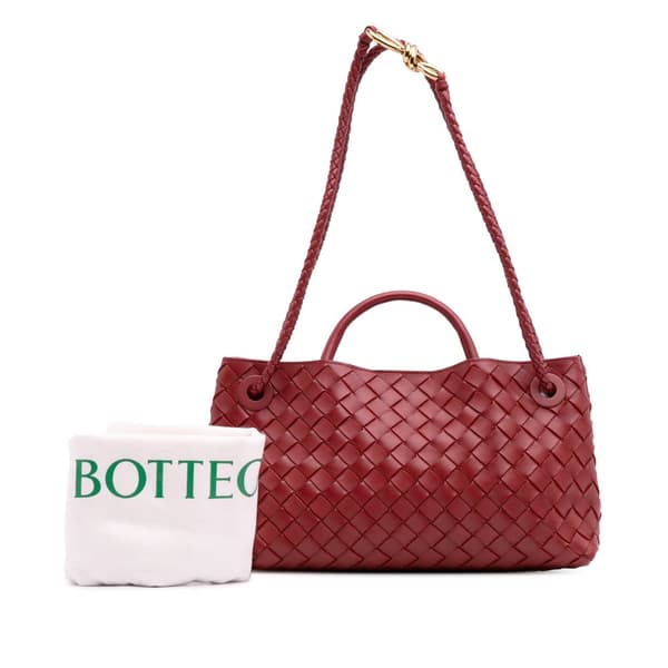 Pre-owned Bottega Veneta Lambskin Intrecciato East West Andiamo Top Handle Bag Red