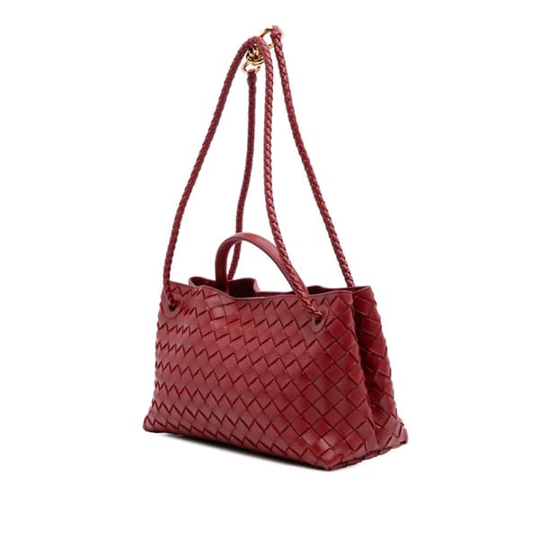 Pre-owned Bottega Veneta Lambskin Intrecciato East West Andiamo Top Handle Bag Red