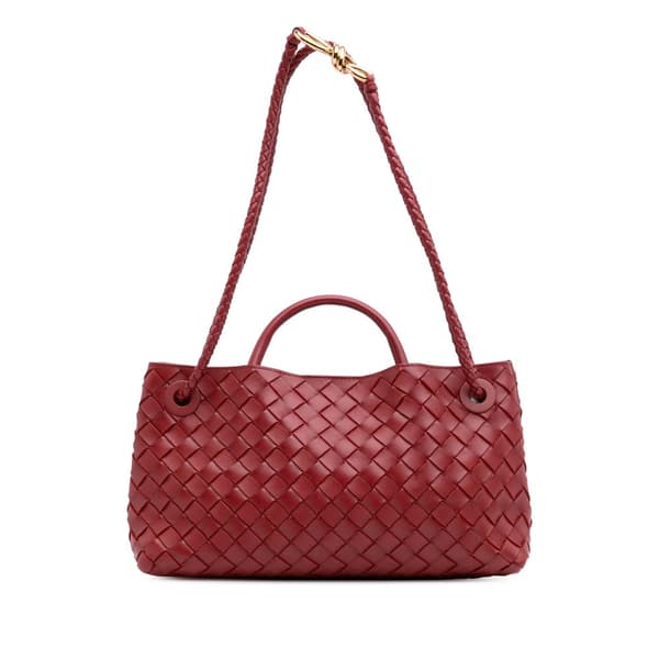 Pre-owned Bottega Veneta Lambskin Intrecciato East West Andiamo Top Handle Bag Red