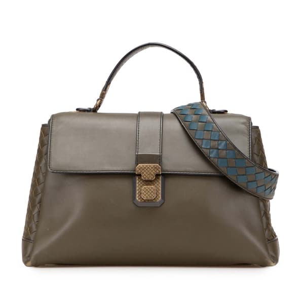 Pre-owned Bottega Veneta Medium Intrecciato Trimmed Nappa Piazza Satchel Brown