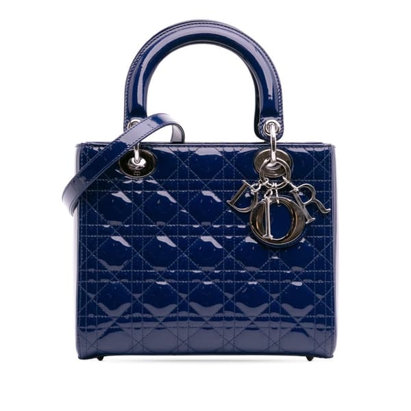 Pre-owned Dior Medium Patent Cannage Lady Dior Blue