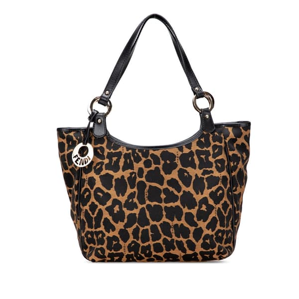 Pre-owned Fendi Leopard Print Chef Canvas Handbag Brown