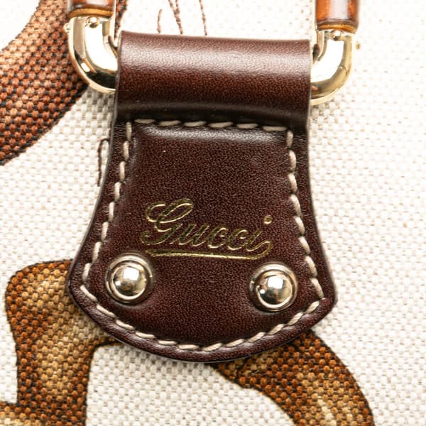 Pre-owned Gucci Printed Canvas Bamboo Horsebit Handbag White