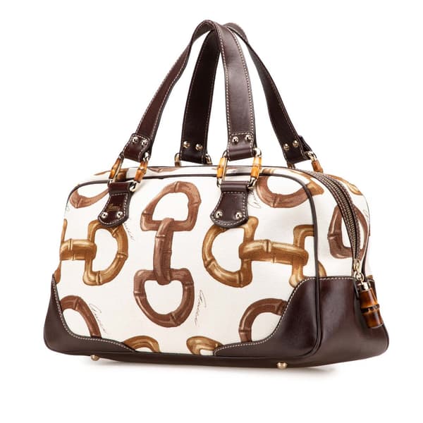 Pre-owned Gucci Printed Canvas Bamboo Horsebit Handbag White