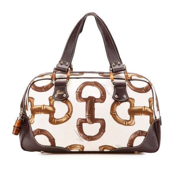 Pre-owned Gucci Printed Canvas Bamboo Horsebit Handbag White