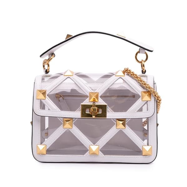 Pre-owned Valentino Medium PVC Roman Stud Satchel White