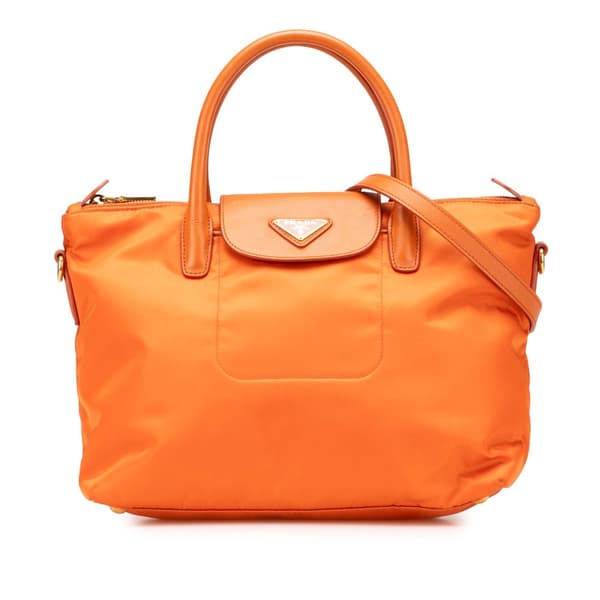 Pre-owned Prada Saffiano Trimmed Tessuto Satchel Orange