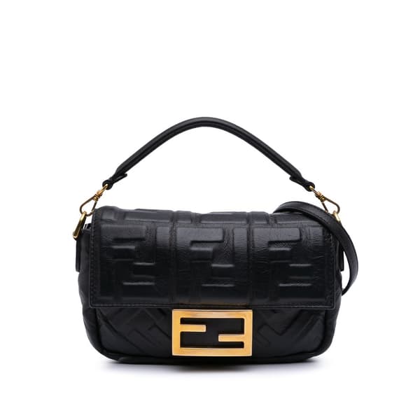 Pre-owned Fendi Mini Zucca Embossed Leather Baguette Satchel Black