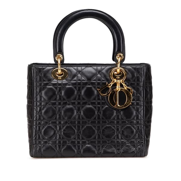 Pre-owned Dior Medium Lambskin Cannage Lady Dior Black