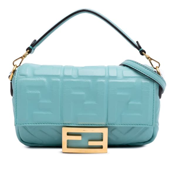Pre-owned Fendi Mini Zucca Embossed Leather Baguette Satchel Blue