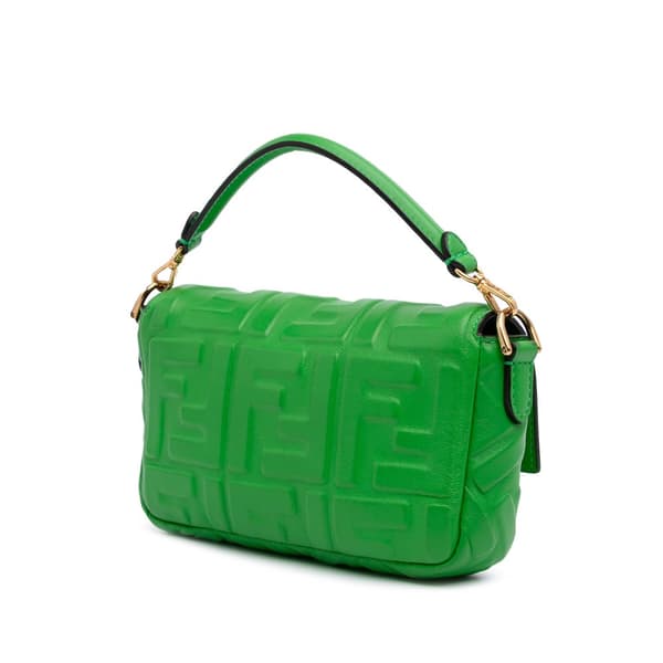 Pre-owned Fendi Mini Zucca Embossed Leather Baguette Satchel Green