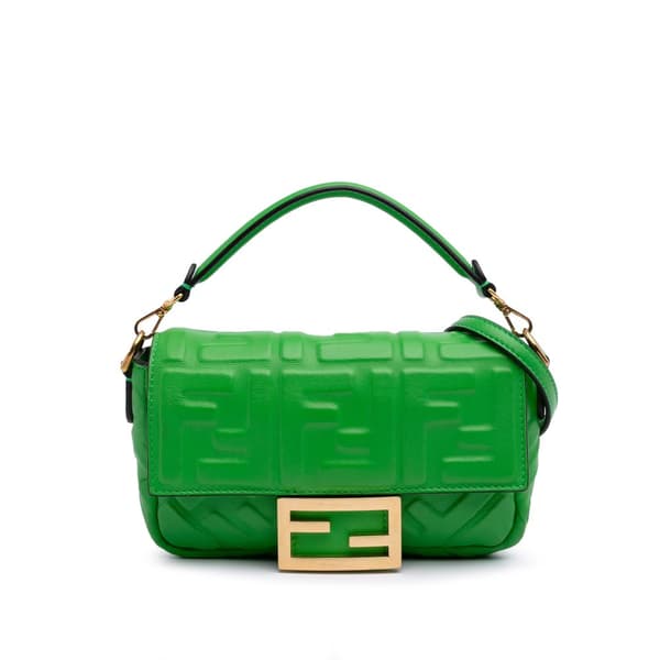 Pre-owned Fendi Mini Zucca Embossed Leather Baguette Satchel Green