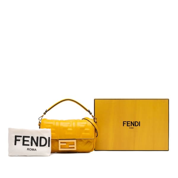 Pre-owned Fendi Mini Zucca Embossed Leather Baguette Satchel Yellow