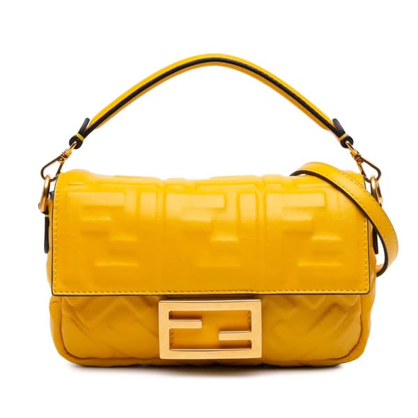 Pre-owned Fendi Mini Zucca Embossed Leather Baguette Satchel Yellow