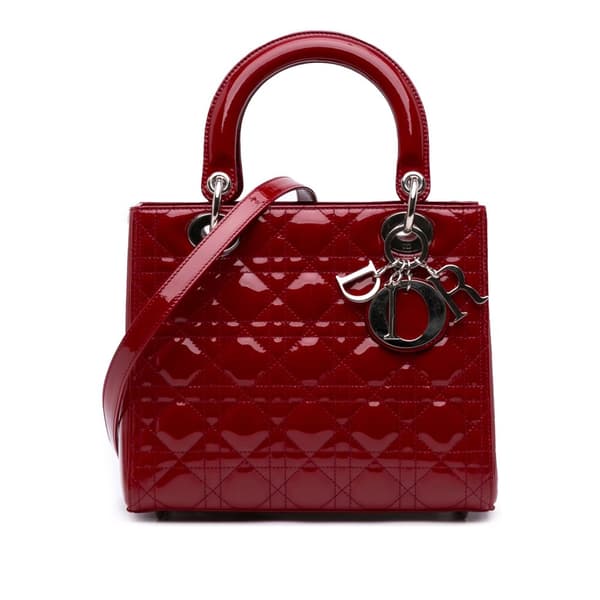 Pre-owned Dior Medium Patent Cannage Lady Dior Red
