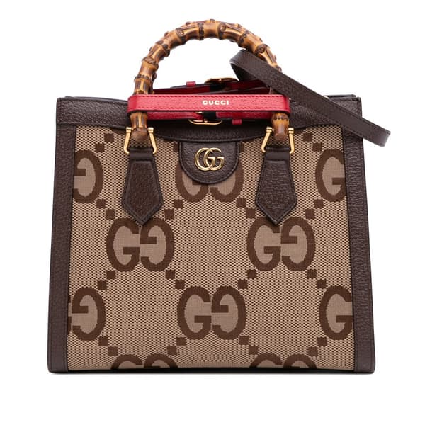 Pre-owned Gucci Small Jumbo GG Canvas Bamboo Diana Satchel Brown