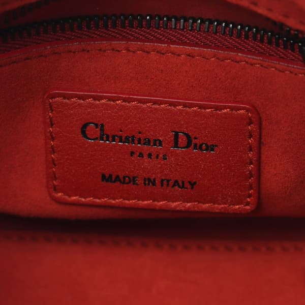 Pre-owned Dior Mini Embossed Calfskin Cannage Studded Flower Lady Dior Red