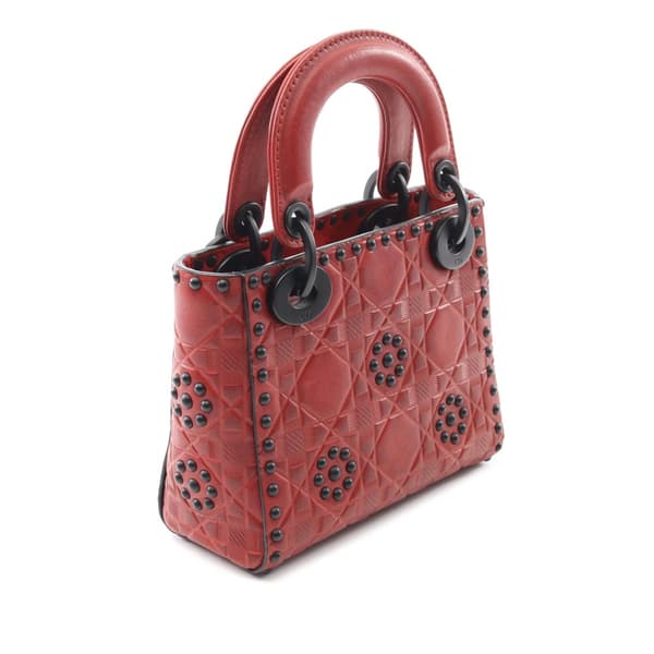 Pre-owned Dior Mini Embossed Calfskin Cannage Studded Flower Lady Dior Red