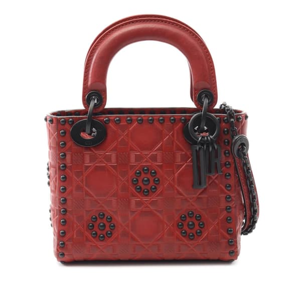 Pre-owned Dior Mini Embossed Calfskin Cannage Studded Flower Lady Dior Red
