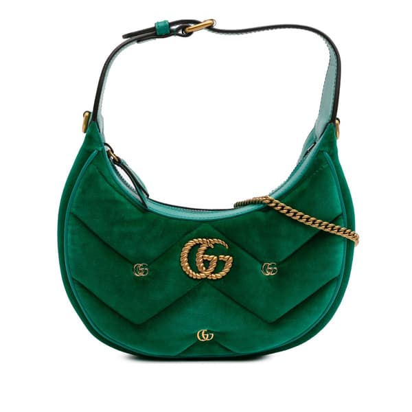 Pre-owned Gucci Mini GG Marmont Matelasse Velvet Torchon Half Moon Bag Green