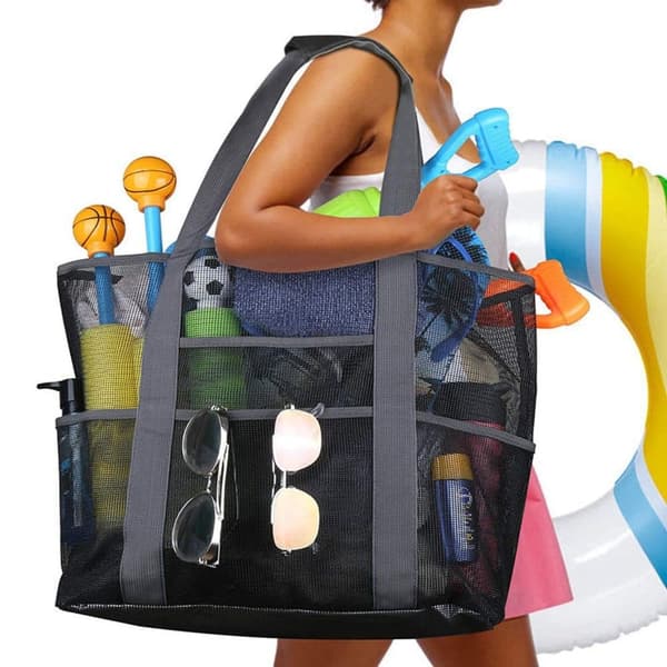 Lollanda XL Black Mesh Beach Bag – Iso uimalaukku ja ostoskassi, pikniklaukku, joka sopii täydellisesti rannalle ja ostoksille