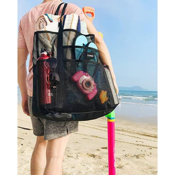 Lollanda XL Black Mesh Beach Bag – Iso uimalaukku ja ostoskassi, pikniklaukku, joka sopii täydellisesti rannalle ja ostoksille