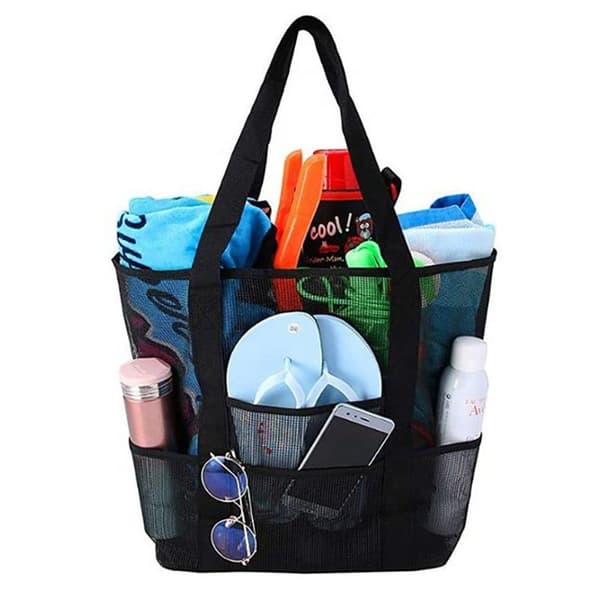 Lollanda XL Black Mesh Beach Bag – Iso uimalaukku ja ostoskassi, pikniklaukku, joka sopii täydellisesti rannalle ja ostoksille