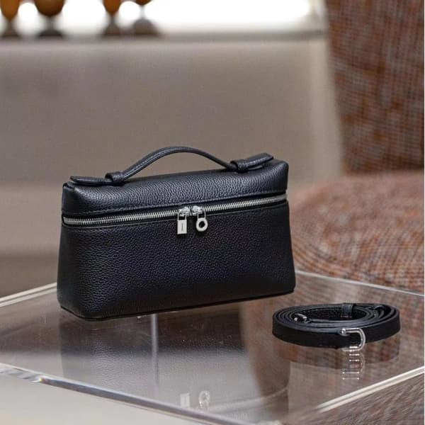 Crossbody-väska, äkta läder, justerbar rem,Svart & Silver