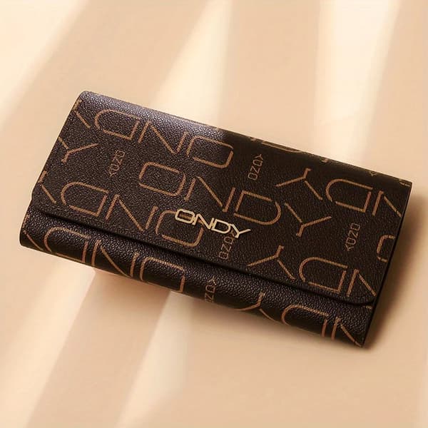 Lång Myntplånbok Clutch, Vintage Mönster, Lädermaterial,Kaffe