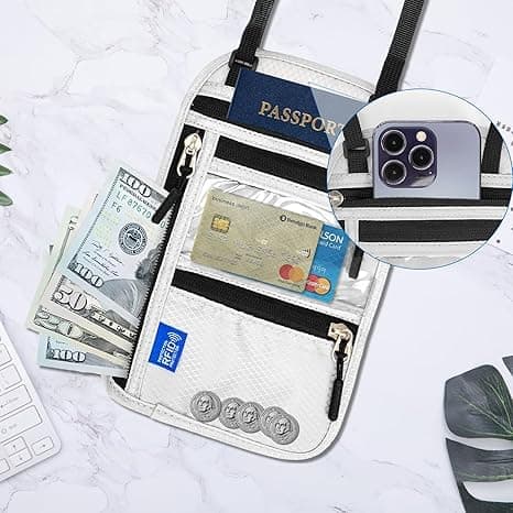 Olkalaukku mobiilille, RFID-suojattu matkalompakko - vedenpitävä passikotelo kaulakorulla merensininen